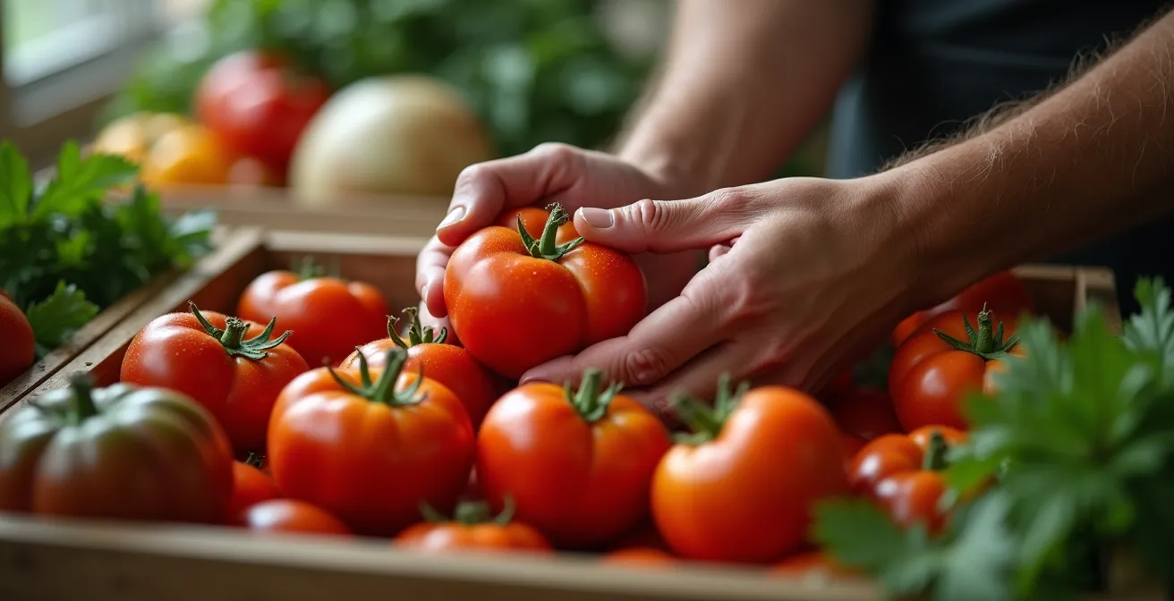 Gros plan sur des mains examinant des tomates fraîches avec une attention minutieuse dans une lumière naturelle