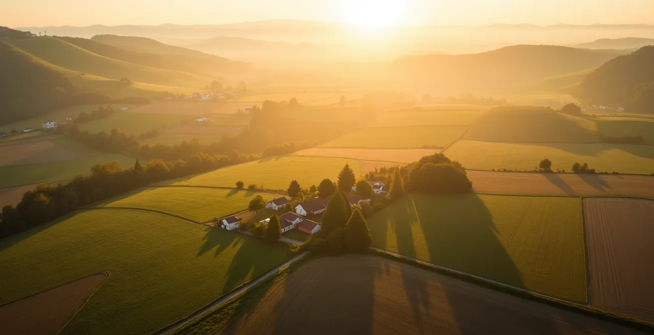 Vue aérienne d'un réseau de fermes et commerces locaux interconnectés dans le paysage rural du Sud-Ouest