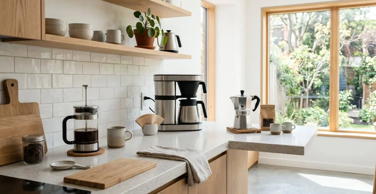 Un comptoir de café moderne et épuré avec trois types de cafetières alignées : une cafetière à piston en verre à gauche, une cafetière filtre électrique au centre et une cafetière italienne en métal à droite, baigné de lumière naturelle