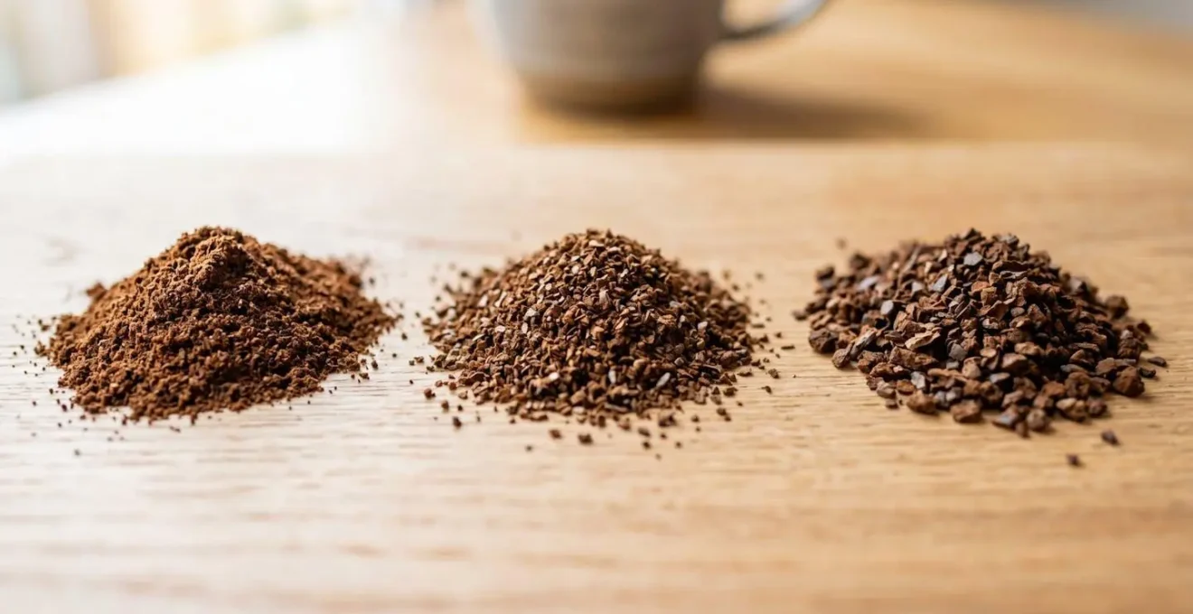 Trois petits tas de café moulu côte à côte sur une surface en bois clair montrant trois granulométries distinctes (grosse, moyenne, fine) en gros plan macro