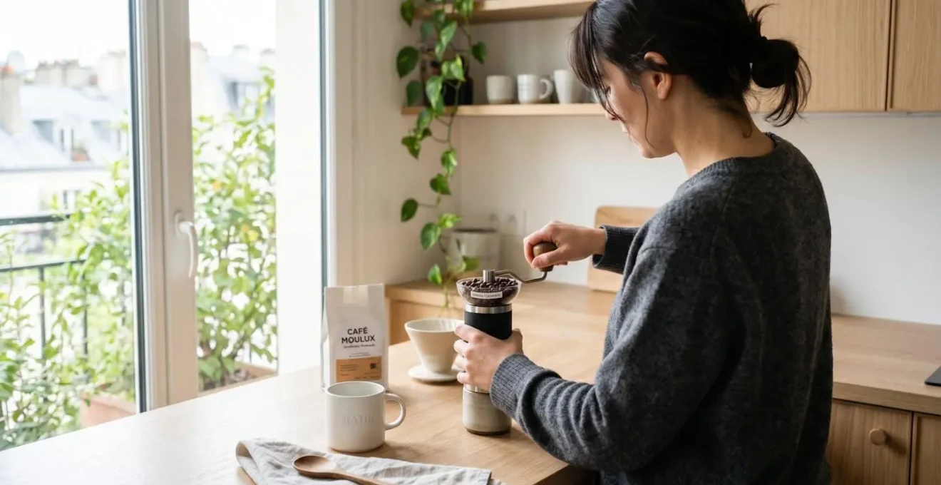Une personne vue de dos moud des grains de café arabica avec un moulin manuel moderne dans une cuisine contemporaine lumineuse