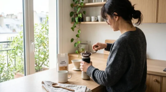 Une personne vue de dos moud des grains de café arabica avec un moulin manuel moderne dans une cuisine contemporaine lumineuse